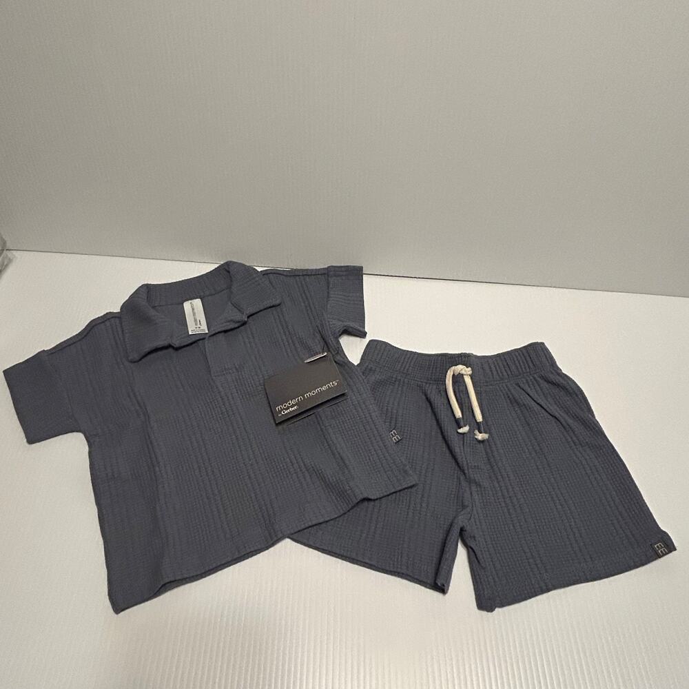 12M Gerber 2pc Boys Outfit Set Polo Shorts Blue Waffle Cotton Modern Moments NWT